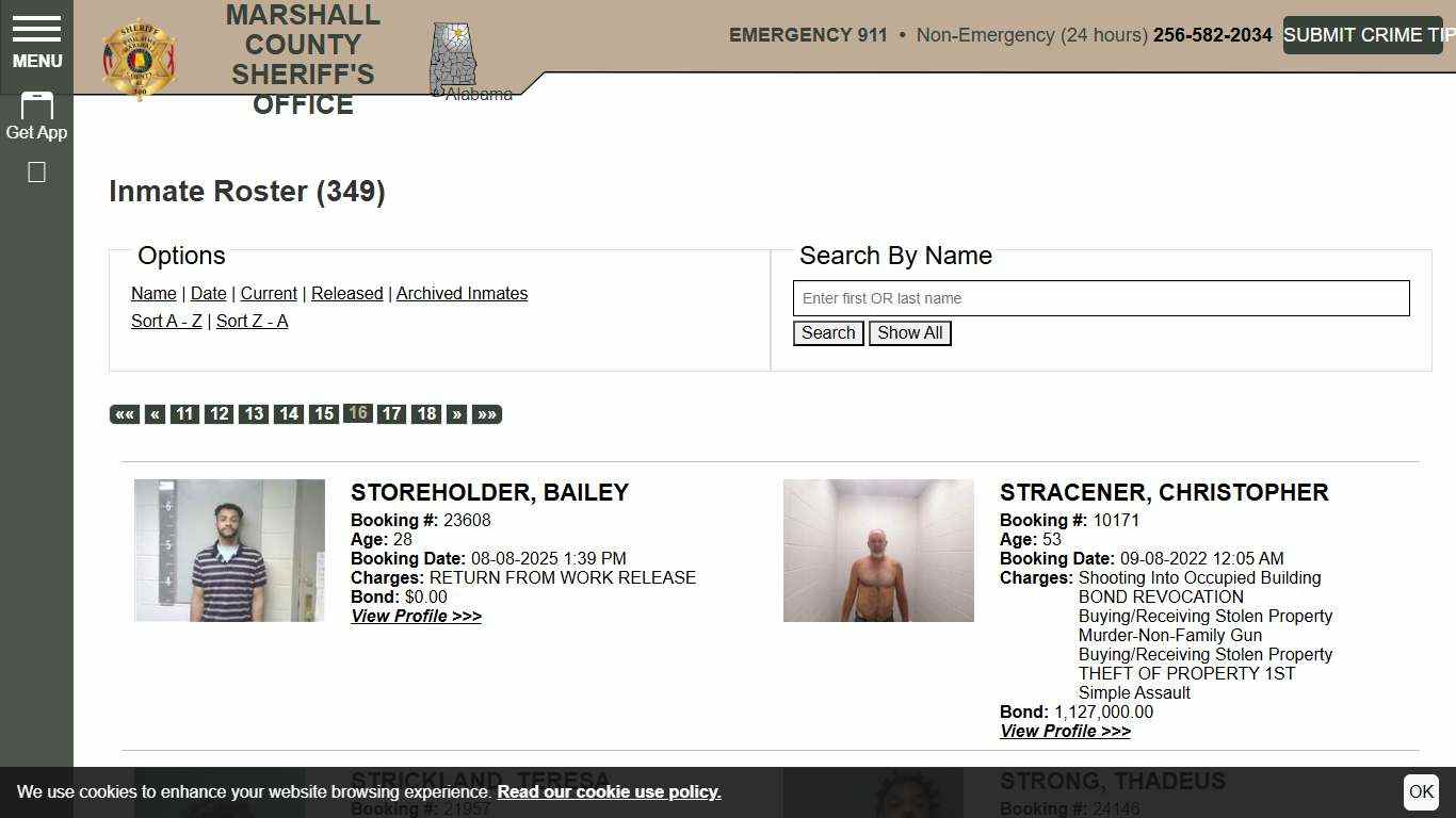 Inmate Roster | Marshall County Sheriff's Office | Sort Name - Ascending | Page 16